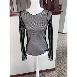 Embassy Black Fishnet Long Sleeve Mesh Top Sheer Grunge Gothic Women Small